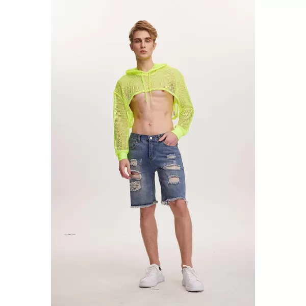 WDIRARA Men's Drawstring Fishnet Mesh Long Sleeve Hoodie Crop Top Pullovers