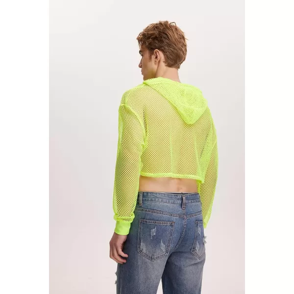 WDIRARA Men's Drawstring Fishnet Mesh Long Sleeve Hoodie Crop Top Pullovers