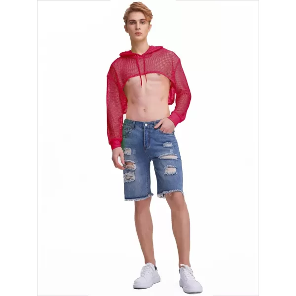 WDIRARA Men's Drawstring Fishnet Mesh Long Sleeve Hoodie Crop Top Pullovers