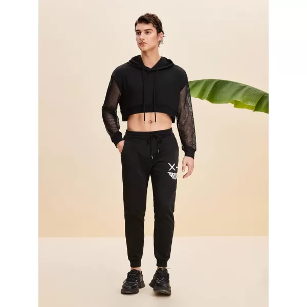 WDIRARA Men's Drawstring Mesh Long Sleeve Hoodie Sweatshirt Pullover Crop Top