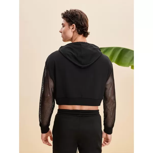 WDIRARA Men's Drawstring Mesh Long Sleeve Hoodie Sweatshirt Pullover Crop Top