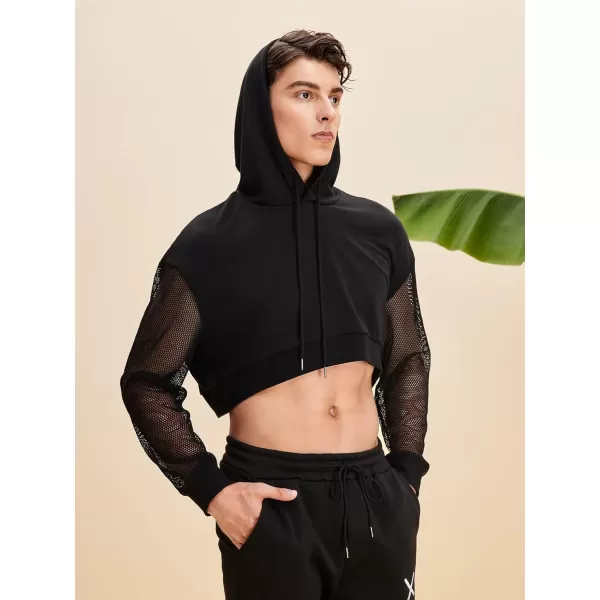 WDIRARA Men's Drawstring Mesh Long Sleeve Hoodie Sweatshirt Pullover Crop Top