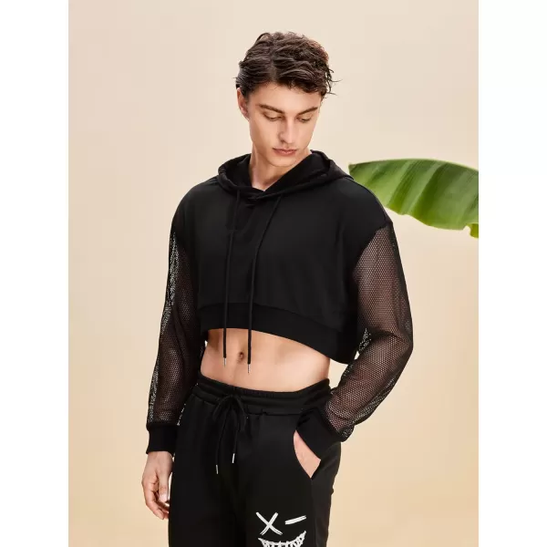 WDIRARA Men's Drawstring Mesh Long Sleeve Hoodie Sweatshirt Pullover Crop Top