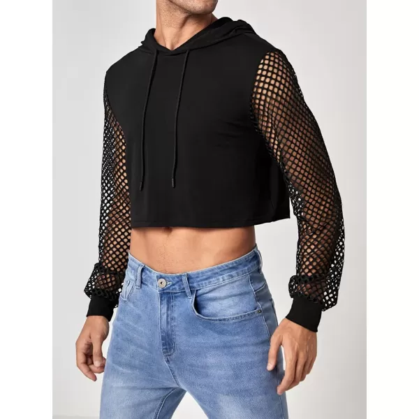 WDIRARA Men's Fishnet Mesh Long SLeeve Drawstring Crop Hoodie Sweatshirt Pullover