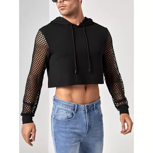 WDIRARA Men's Fishnet Mesh Long SLeeve Drawstring Crop Hoodie Sweatshirt Pullover