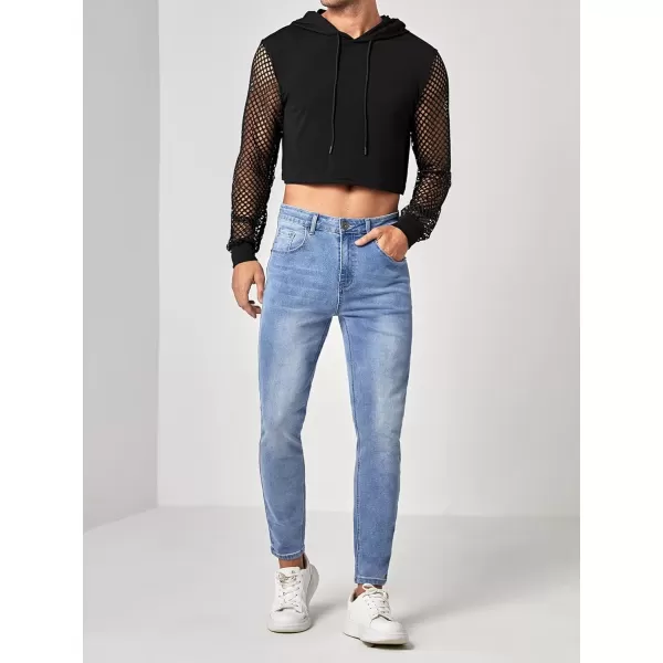 WDIRARA Men's Fishnet Mesh Long SLeeve Drawstring Crop Hoodie Sweatshirt Pullover