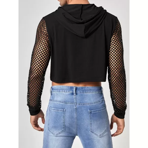 WDIRARA Men's Fishnet Mesh Long SLeeve Drawstring Crop Hoodie Sweatshirt Pullover
