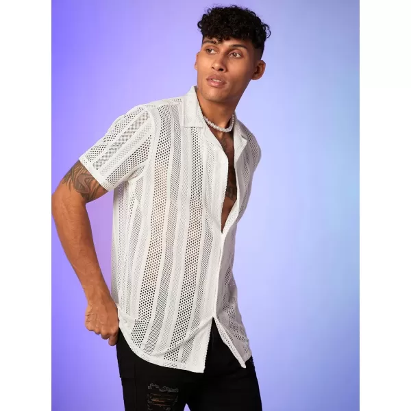 WDIRARA Men's Floral Lace See Through Button Front Short Sleeve Shirt Summer Tee Top