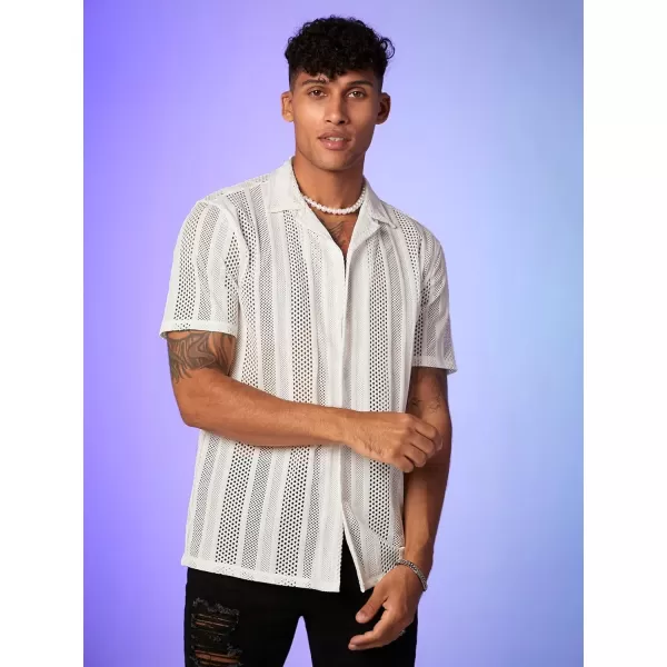 WDIRARA Men's Floral Lace See Through Button Front Short Sleeve Shirt Summer Tee Top