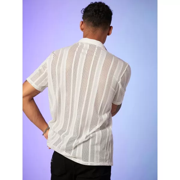 WDIRARA Men's Floral Lace See Through Button Front Short Sleeve Shirt Summer Tee Top