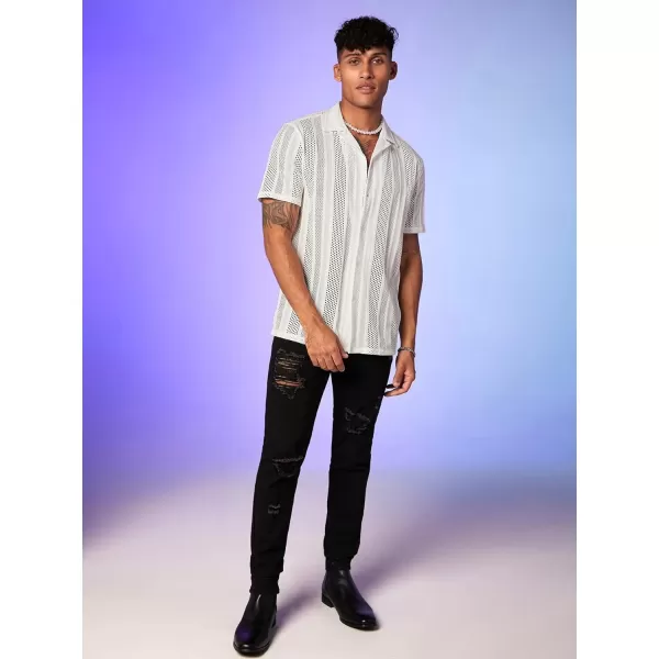 WDIRARA Men's Floral Lace See Through Button Front Short Sleeve Shirt Summer Tee Top