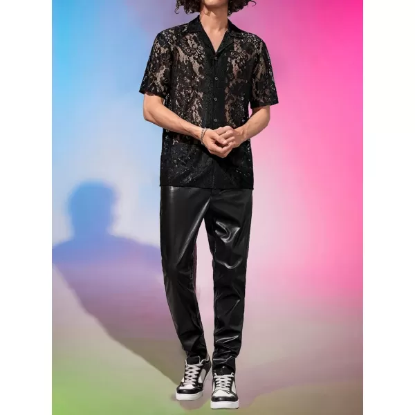 WDIRARA Men's Floral Lace Shirt Contrast Mesh Button Down Shirt Short Sleeve Blouse