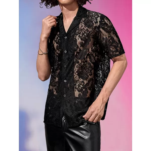 WDIRARA Men's Floral Lace Shirt Contrast Mesh Button Down Shirt Short Sleeve Blouse