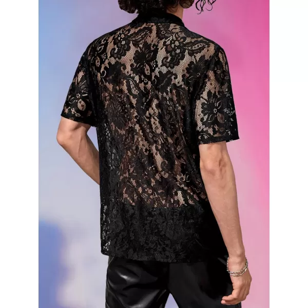 WDIRARA Men's Floral Lace Shirt Contrast Mesh Button Down Shirt Short Sleeve Blouse