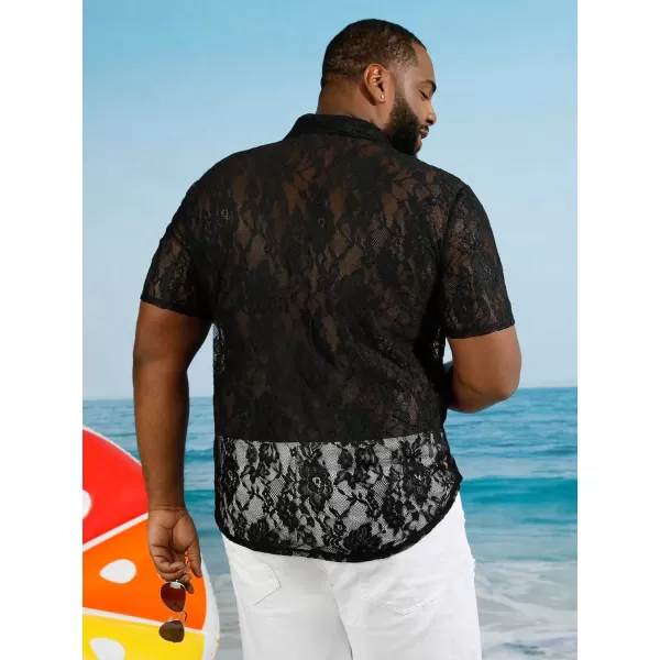 WDIRARA Men's Floral Lace Shirt Contrast Mesh Button Down Shirt Short Sleeve Blouse