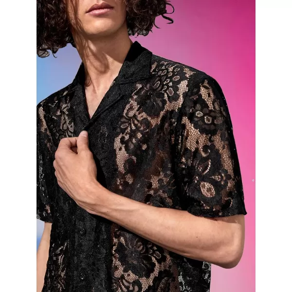 WDIRARA Men's Floral Lace Shirt Contrast Mesh Button Down Shirt Short Sleeve Blouse