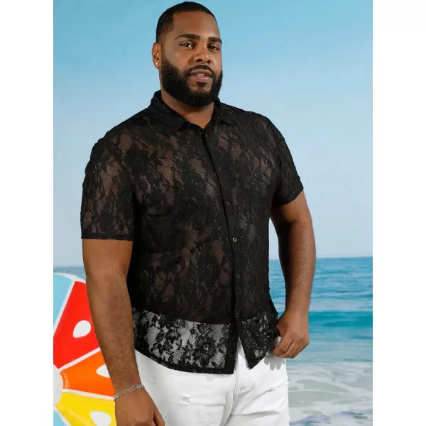 WDIRARA Men's Floral Lace Shirt Contrast Mesh Button Down Shirt Short Sleeve Blouse