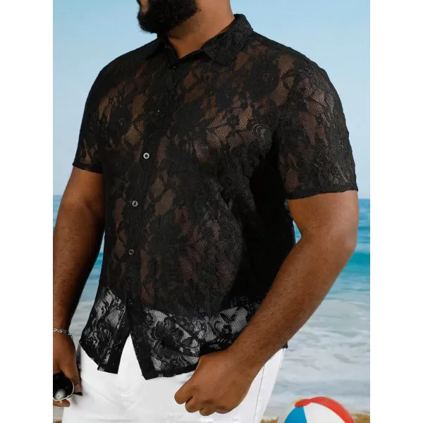 WDIRARA Men's Floral Lace Shirt Contrast Mesh Button Down Shirt Short Sleeve Blouse