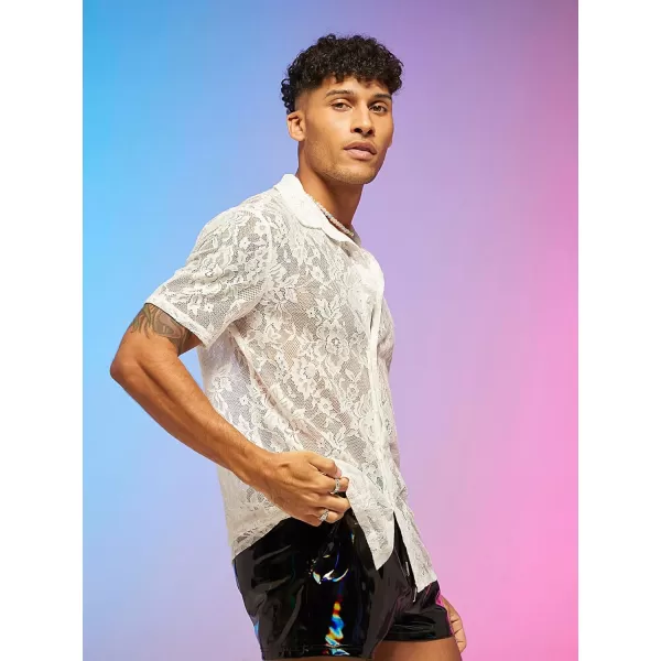 WDIRARA Men's Floral Mesh Tee Top Sheer Round Neck Short Sleeve T Shirts