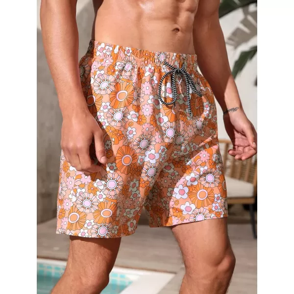 WDIRARA Men's Floral Print Beach Shorts Drawstring Waist Slant Pocket Swim Trunks