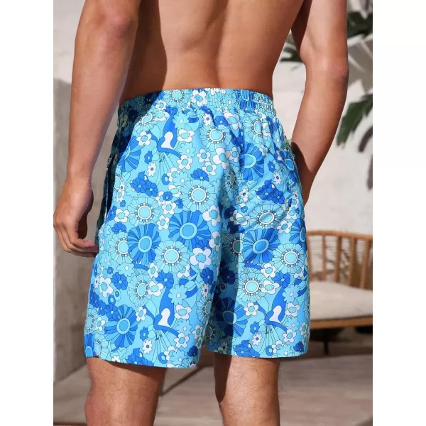 WDIRARA Men's Floral Print Beach Shorts Drawstring Waist Slant Pocket Swim Trunks