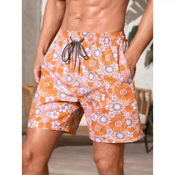 WDIRARA Men's Floral Print Beach Shorts Drawstring Waist Slant Pocket Swim Trunks