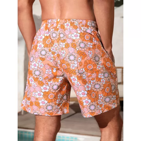 WDIRARA Men's Floral Print Beach Shorts Drawstring Waist Slant Pocket Swim Trunks