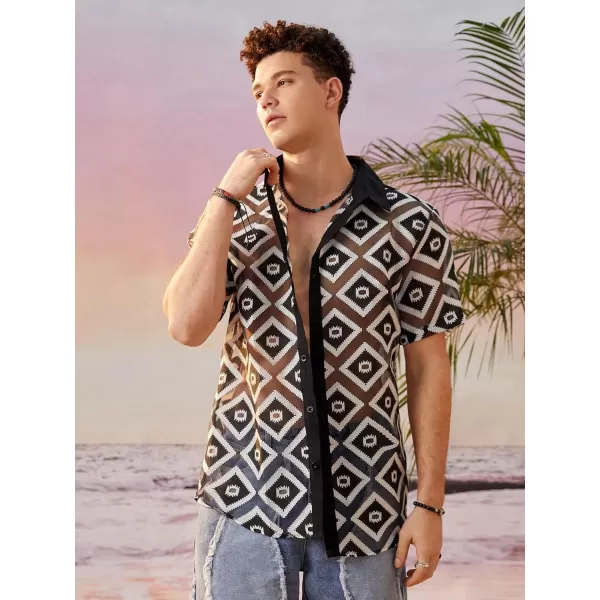 WDIRARA Men's Floral Sheer Mesh See Through Button Up Short Sleeve Collar Party Club Tops Shirt