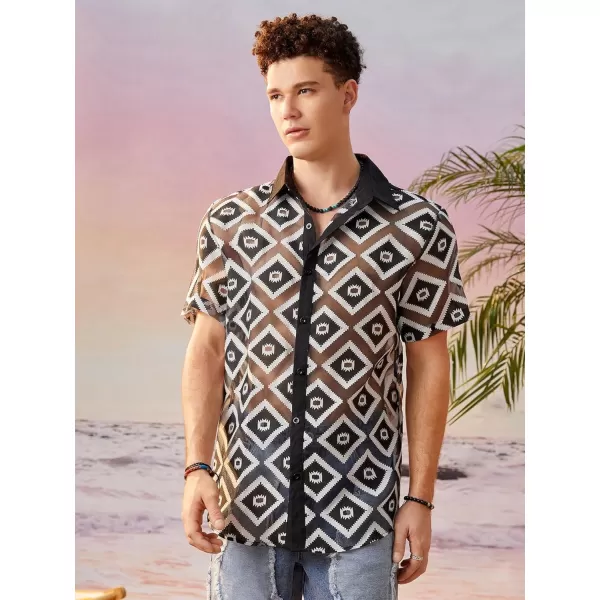 WDIRARA Men's Floral Sheer Mesh See Through Button Up Short Sleeve Collar Party Club Tops Shirt