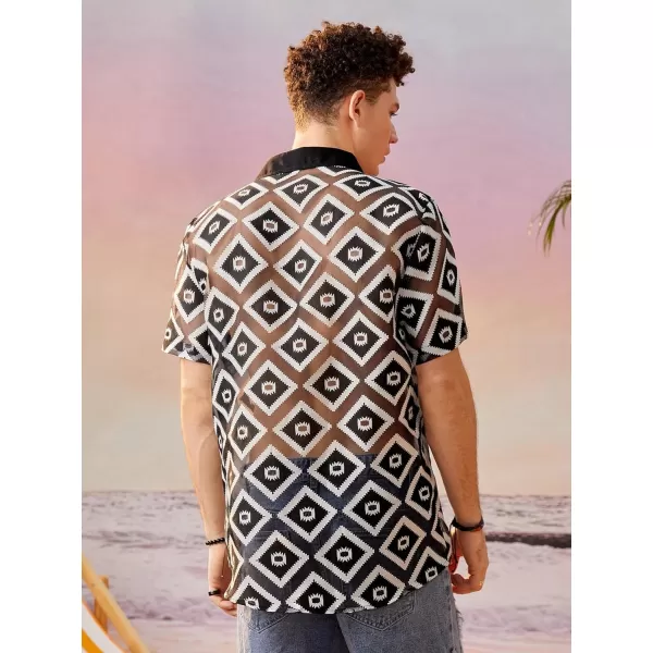 WDIRARA Men's Floral Sheer Mesh See Through Button Up Short Sleeve Collar Party Club Tops Shirt