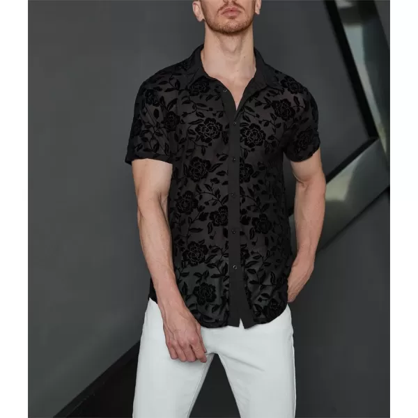 WDIRARA Men's Floral Sheer Mesh See Through Button Up Short Sleeve Collar Party Club Tops Shirt