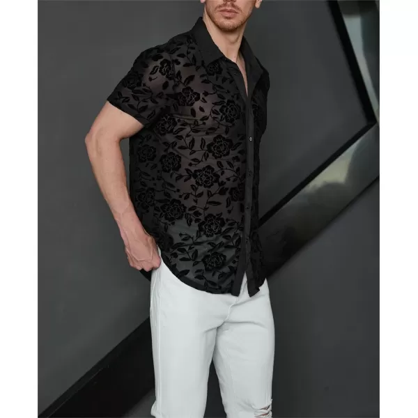 WDIRARA Men's Floral Sheer Mesh See Through Button Up Short Sleeve Collar Party Club Tops Shirt