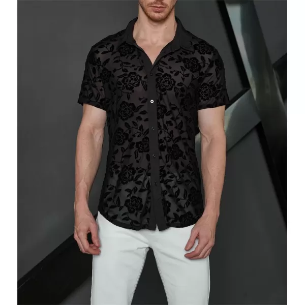 WDIRARA Men's Floral Sheer Mesh See Through Button Up Short Sleeve Collar Party Club Tops Shirt
