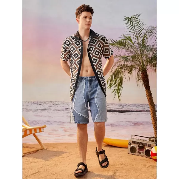 WDIRARA Men's Floral Sheer Mesh See Through Button Up Short Sleeve Collar Party Club Tops Shirt