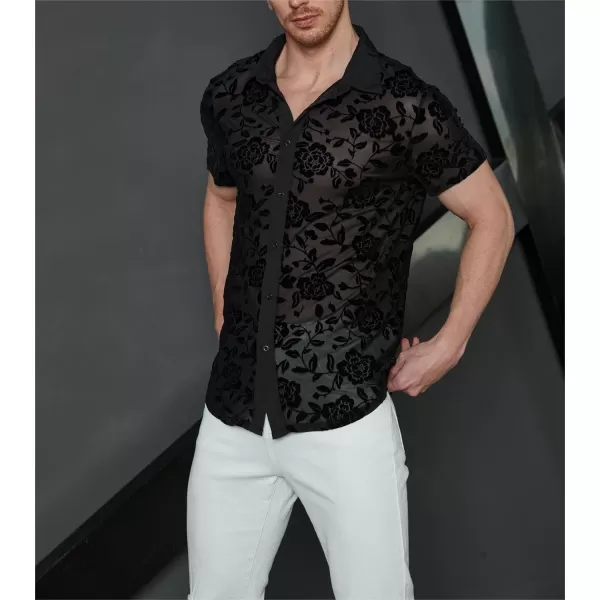 WDIRARA Men's Floral Sheer Mesh See Through Button Up Short Sleeve Collar Party Club Tops Shirt