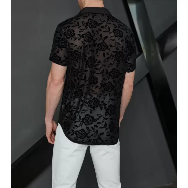 WDIRARA Men's Floral Sheer Mesh See Through Button Up Short Sleeve Collar Party Club Tops Shirt