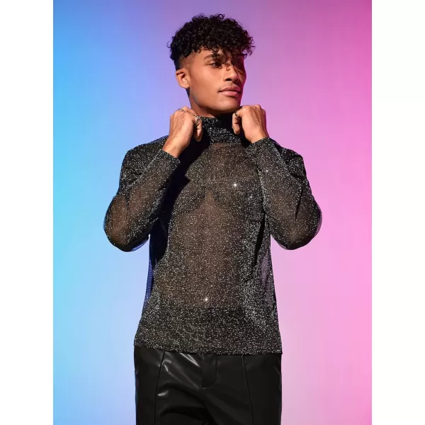 WDIRARA Men's Glitter Mesh Sheer Turtle Neck Long Sleeve See Throught Tee Tops Partywear