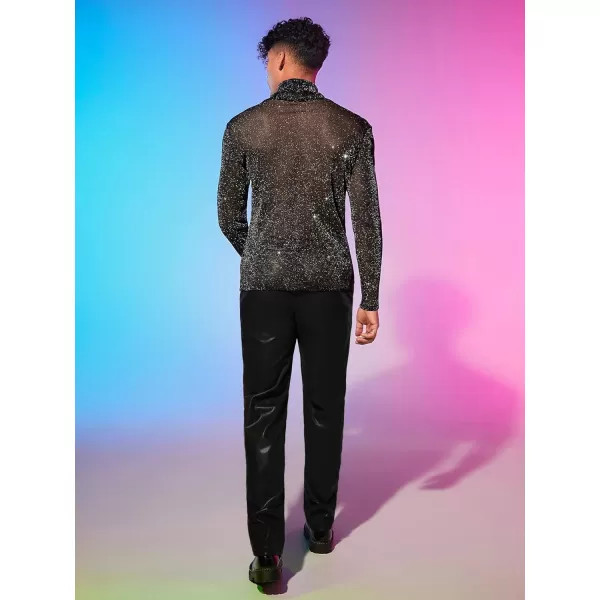 WDIRARA Men's Glitter Mesh Sheer Turtle Neck Long Sleeve See Throught Tee Tops Partywear