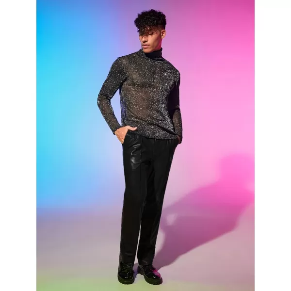 WDIRARA Men's Glitter Mesh Sheer Turtle Neck Long Sleeve See Throught Tee Tops Partywear