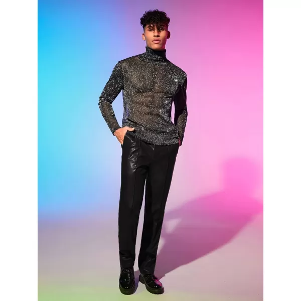 WDIRARA Men's Glitter Mesh Sheer Turtle Neck Long Sleeve See Throught Tee Tops Partywear