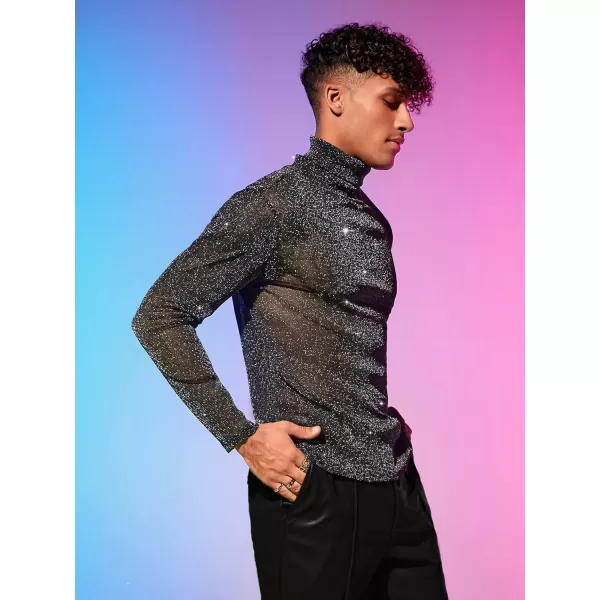WDIRARA Men's Glitter Mesh Sheer Turtle Neck Long Sleeve See Throught Tee Tops Partywear