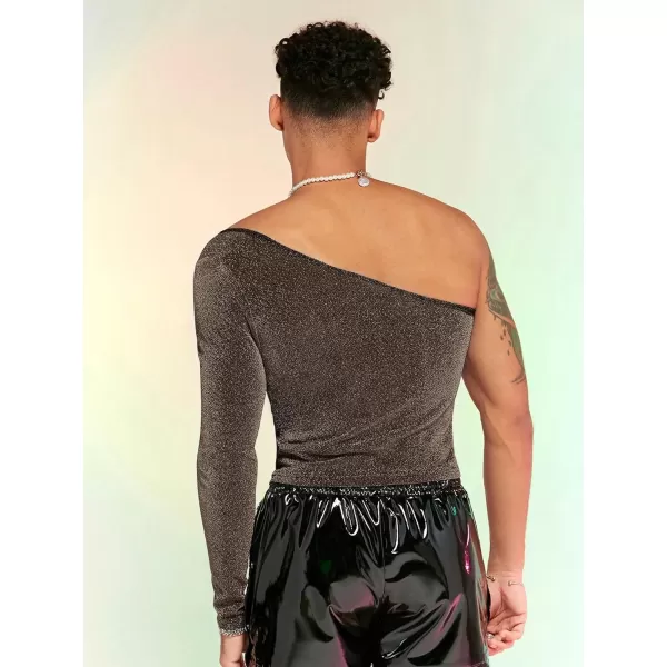 WDIRARA Men's Glitter One Shoulder Long Sleeve Plain T Shirts Panel Casual Tee Top