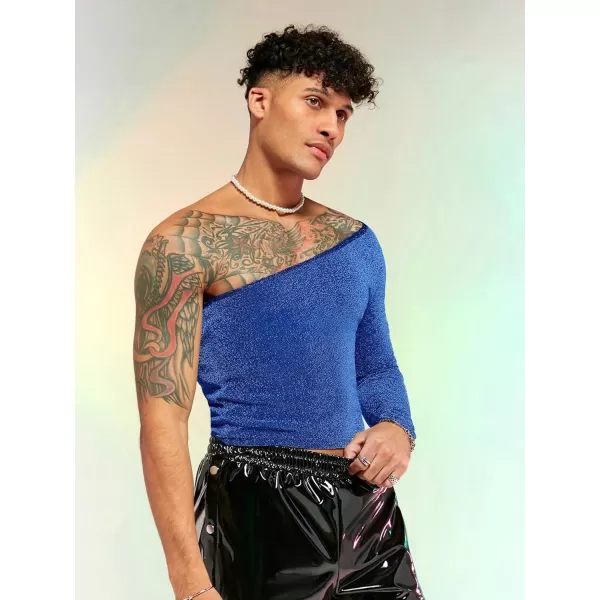 WDIRARA Men's Glitter One Shoulder Long Sleeve Plain T Shirts Panel Casual Tee Top