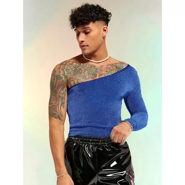 WDIRARA Men's Glitter One Shoulder Long Sleeve Plain T Shirts Panel Casual Tee Top
