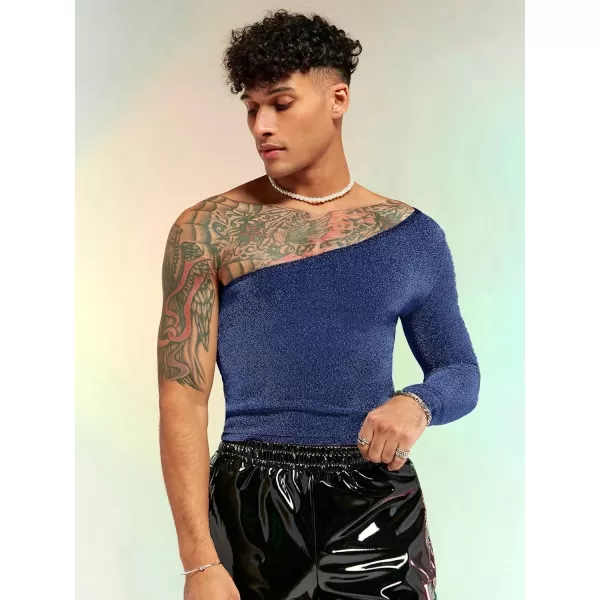 WDIRARA Men's Glitter One Shoulder Long Sleeve Plain T Shirts Panel Casual Tee Top