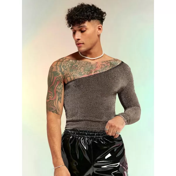 WDIRARA Men's Glitter One Shoulder Long Sleeve Plain T Shirts Panel Casual Tee Top