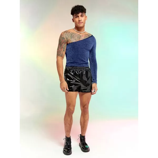 WDIRARA Men's Glitter One Shoulder Long Sleeve Plain T Shirts Panel Casual Tee Top