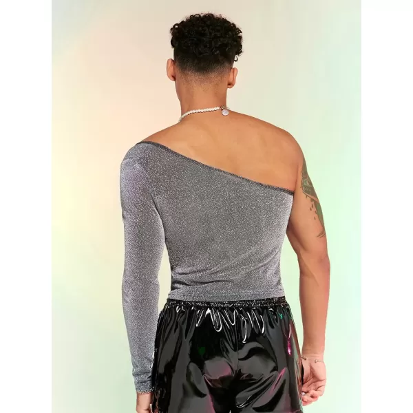 WDIRARA Men's Glitter One Shoulder Long Sleeve Plain T Shirts Panel Casual Tee Top