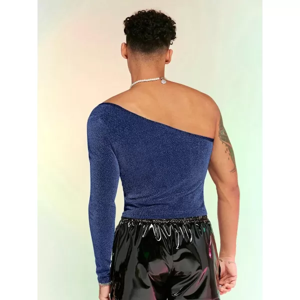 WDIRARA Men's Glitter One Shoulder Long Sleeve Plain T Shirts Panel Casual Tee Top