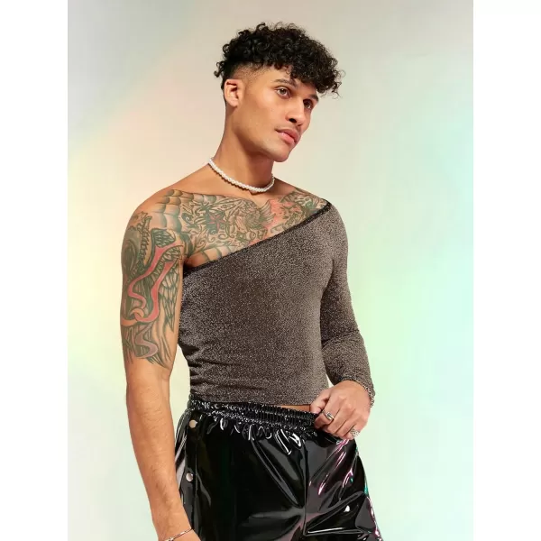WDIRARA Men's Glitter One Shoulder Long Sleeve Plain T Shirts Panel Casual Tee Top